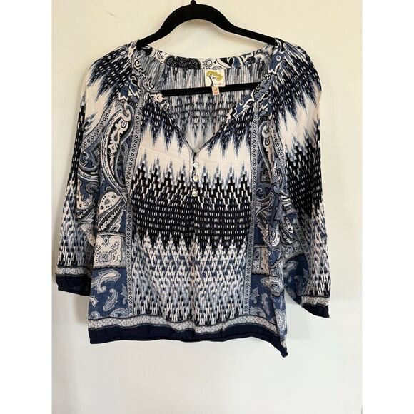 Anthropologie Fig&Flower Navy/White Peasant Top sz XL BOHO Elastic Waist - Picture 1 of 5
